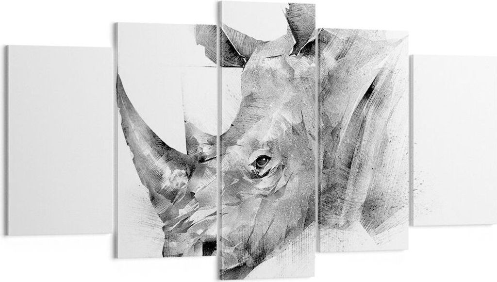 Bild auf Leinwand - Leinwandbild - 5 Teile - Nashorn Porträt Grafik - 160x85cm - Wand Bild - Wanddeko - Wandbilder - Leinwanddruck - Bilder - Wand...