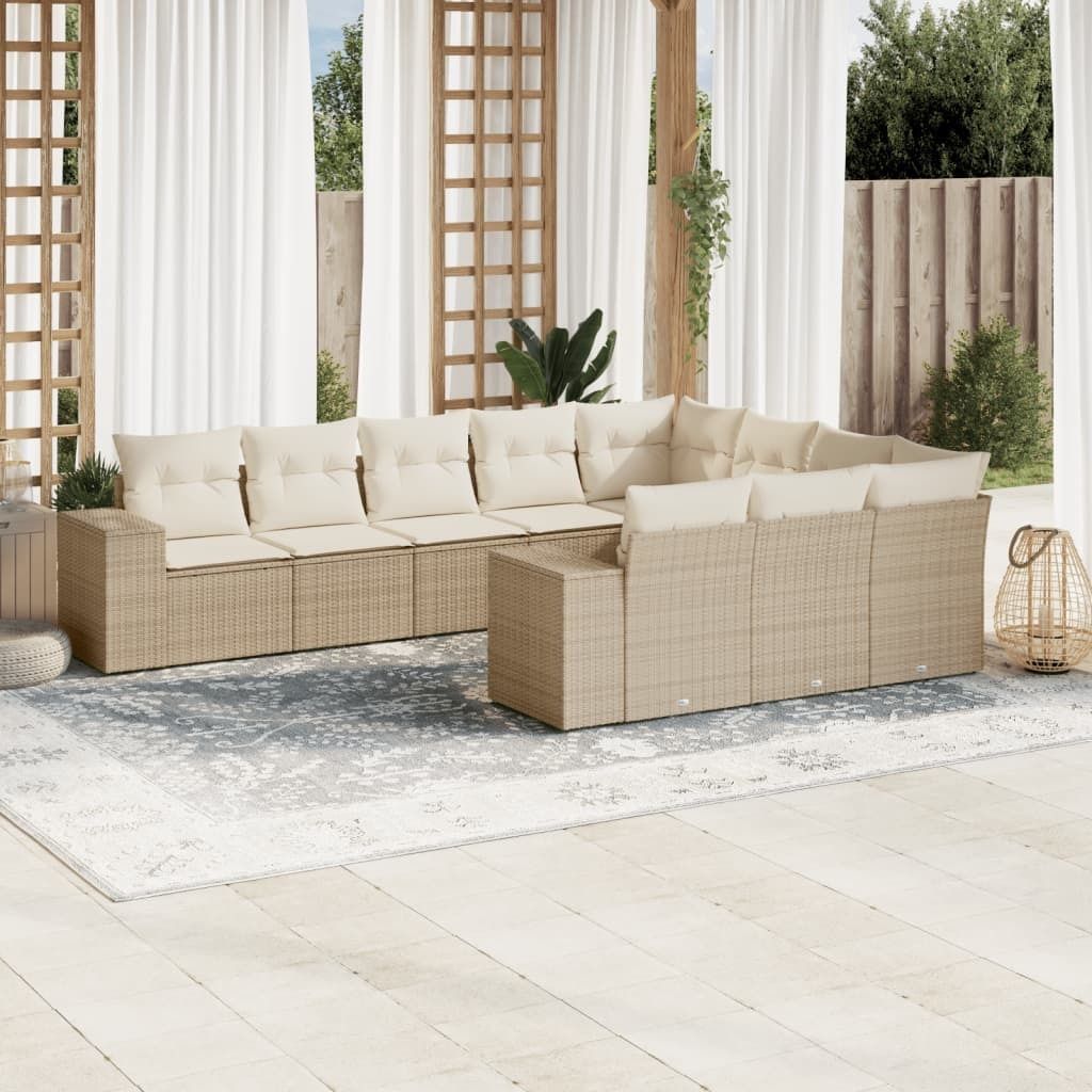 10-tlg. Garten-Sofagarnitur mit Kissen Beige Poly Rattan 3255425