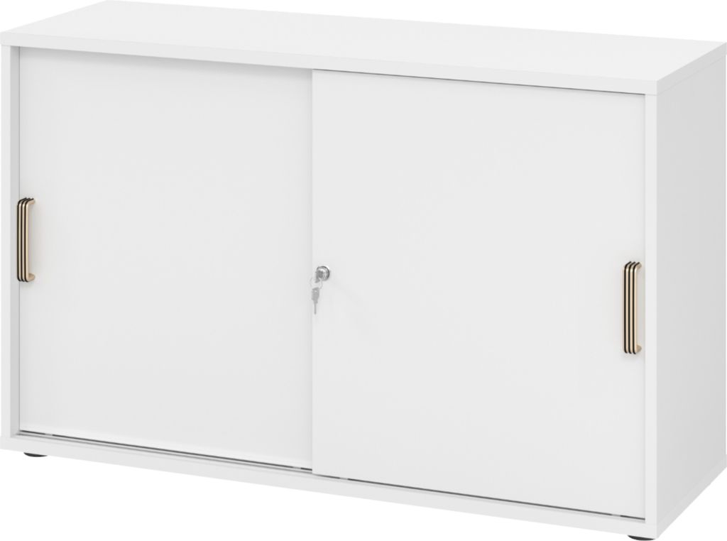 bümö Schiebetürenschrank office - 2 Ordnerhöhen - Nachbildung: Weiß, Griff: Streifengriff (Kunststoff)