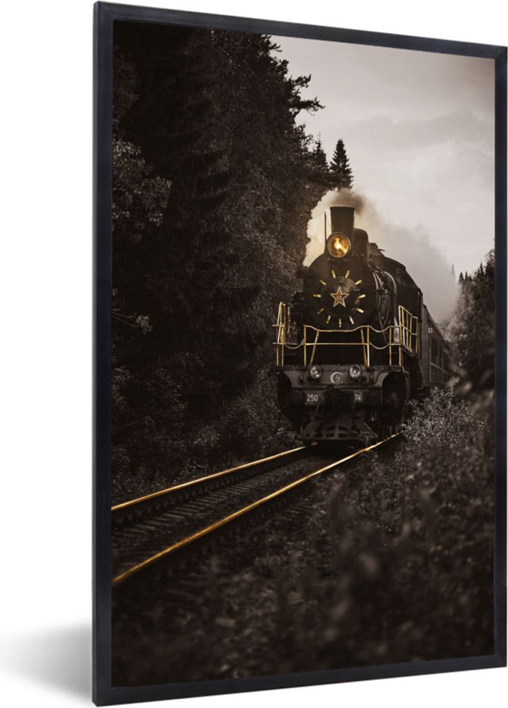 MuchoWow Gerahmtes Poster Zug - Schwarz - Gold 60x90 cm - Poster mit Schwarzem Bilderrahmen Wandposter Rahmen Foto Bilder - Kunst