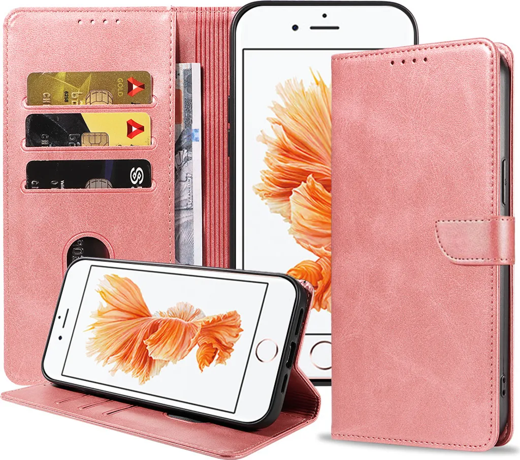 Custodia per iPhone 6/6s Plus in ecopelle con labbro magnetico e portacarte a libro con patta - Rosa - Smartphonica