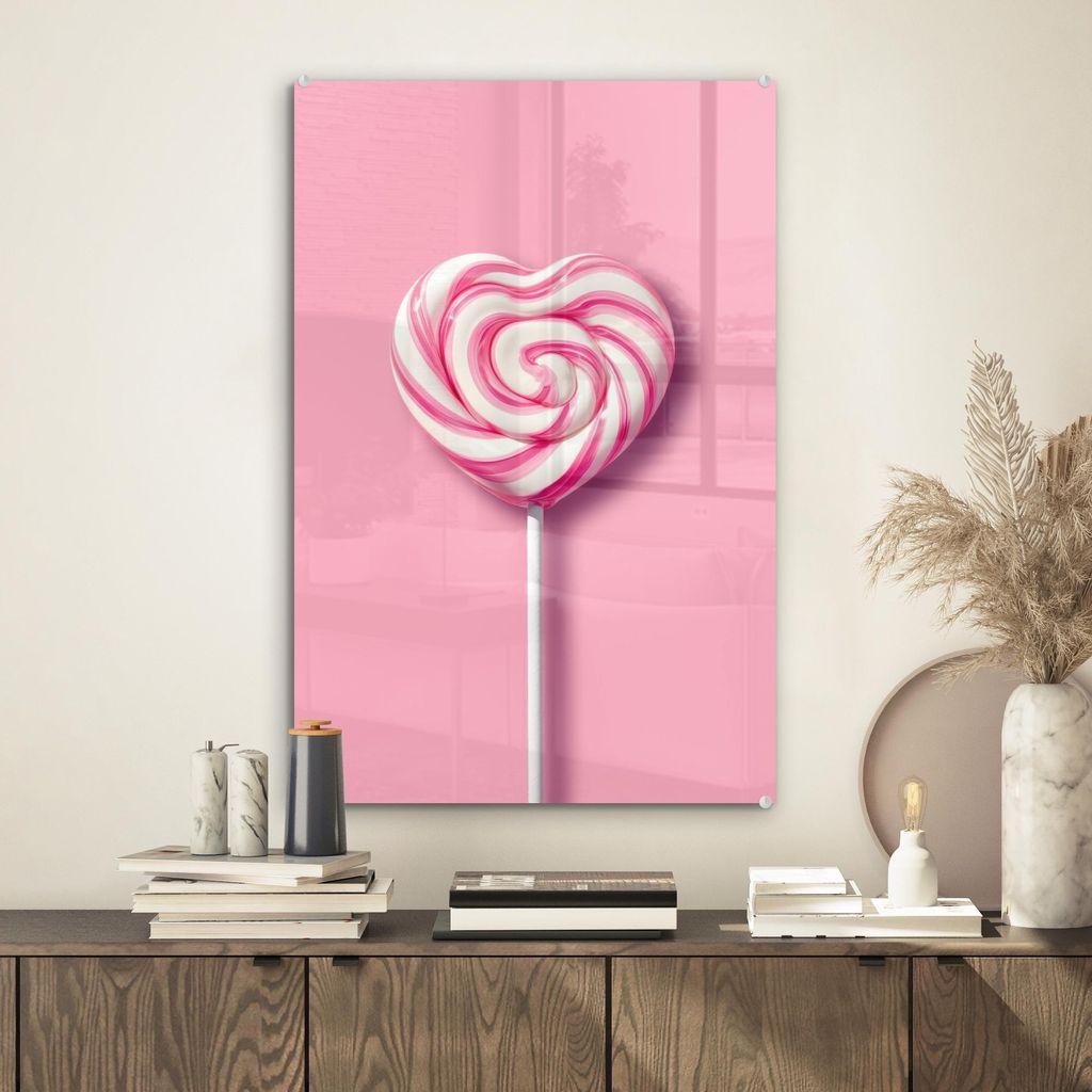 MuchoWow Glasbilder - Bilder auf Wandbild - Foto auf Glas Süßigkeit - Lutscher - Herz - Rosa 40x60 cm Wanddekoration aus Glas - Acrylglasbild - A...