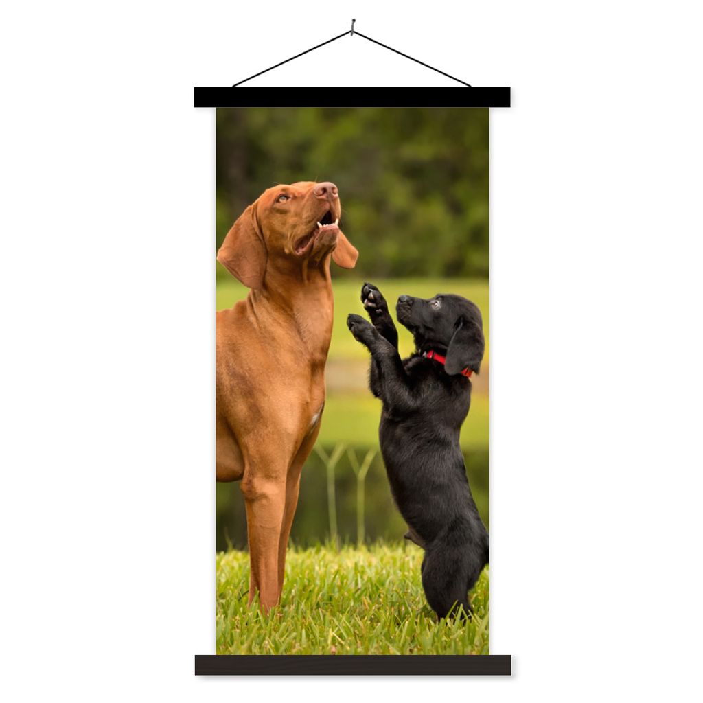 MuchoWow Textilposter Ein Welpe spielt mit einem erwachsenen Hund 90x180 cm mit schwarzem Rahmen - Dekoration Wohnzimmer