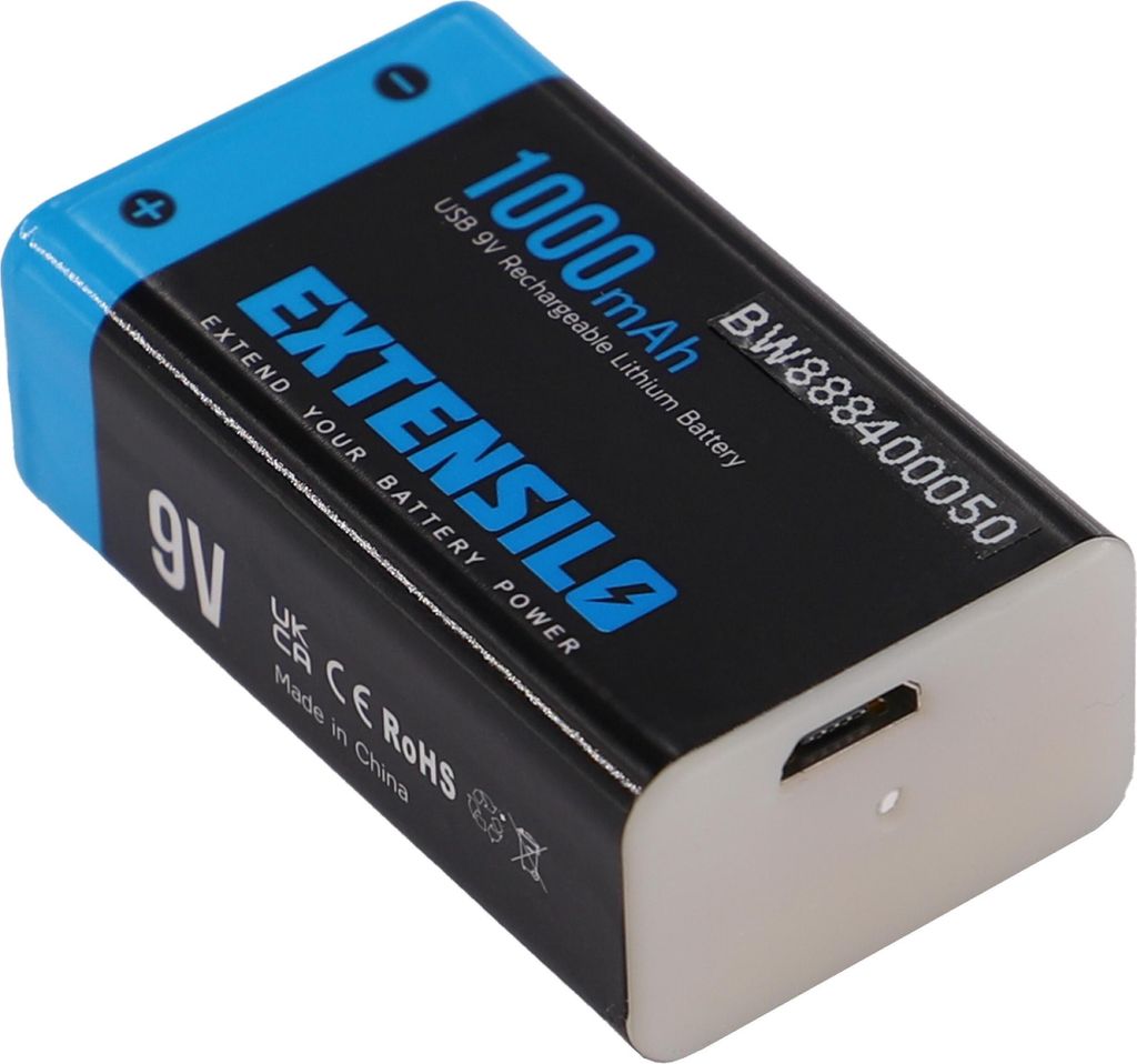 EXTENSILO 4x 9V-Akku Block für diverse Geräte (1 Ah, 9 V, Li-Ion), ready-to-use, mit Micro USB Buchse