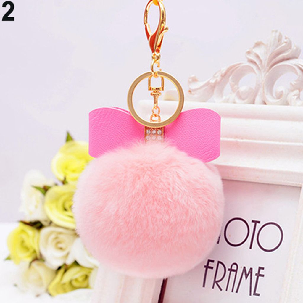 Kunstkaninchenfell-Pom-Pom, flauschiger Puffball, Schleife, Autotasche, Schlüsselanhänger, Ring-Rosa