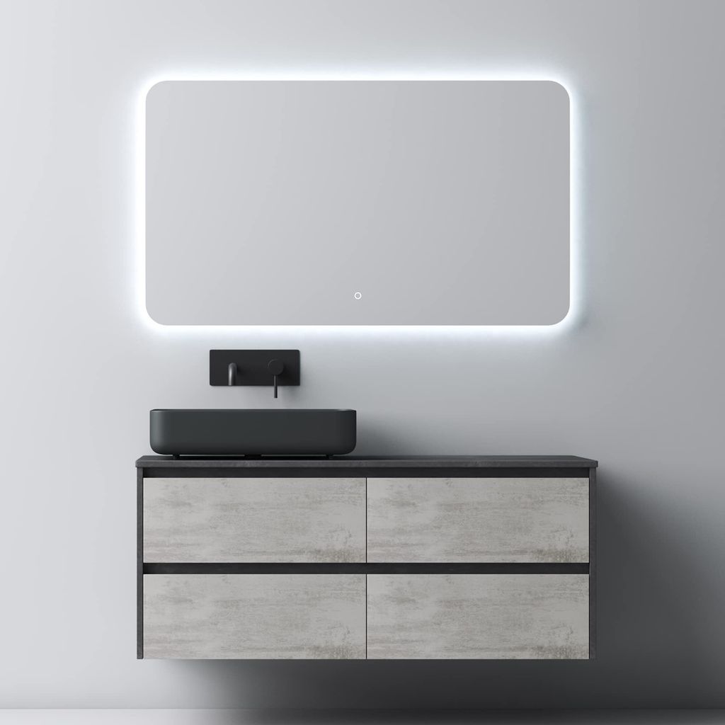 Mai & Mai Badmöbel-Set Waschbeckenunterschrank 120x48x51,6cm in Betonoptik mit 2-Schubladen inkl. Waschbecken und LED-Spiegel Normal