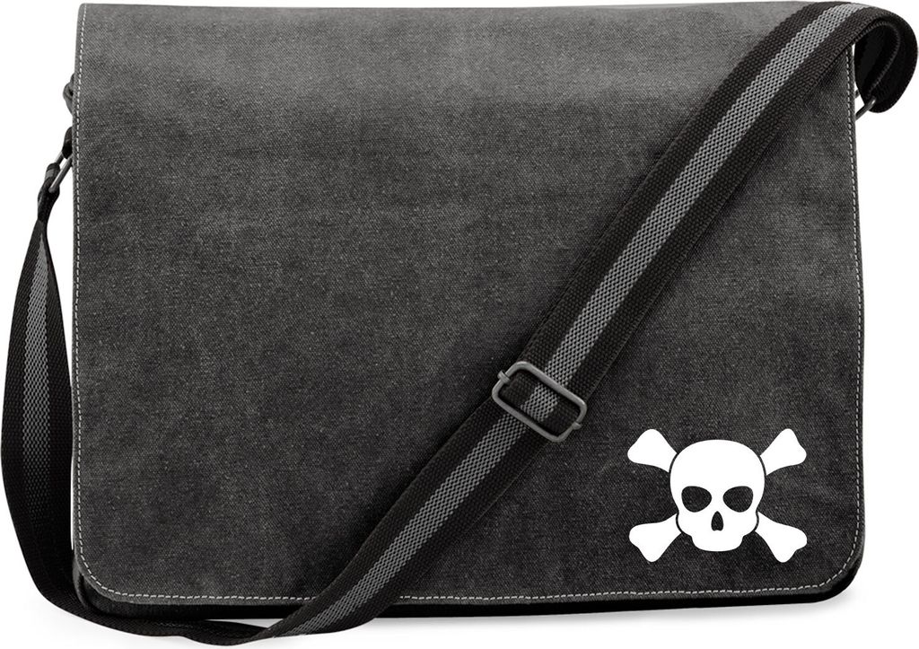 Huuraa Umhängetasche Pirat Totenschädel 14 Liter Black Canvas Laptoptasche Geschenkidee