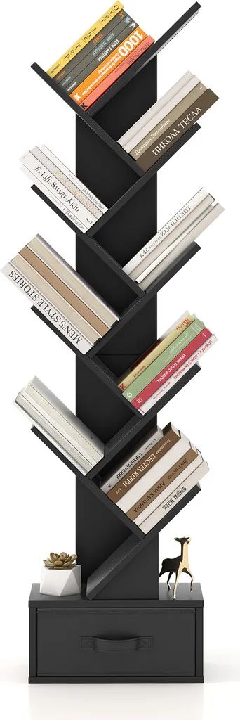 Bibliothèque Arbre COSTWAY avec Tiroir - Étagère 8 Niveaux Noire 150cm
