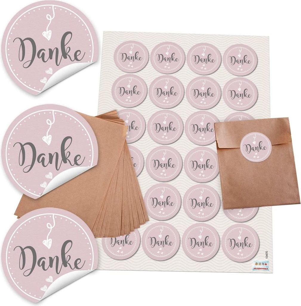 24 kleine braune Papiertüten für give-aways Mitgebsel Geschenktüten für Gastgeschenke zur Hochzeit 10,5 x 15 cm + 24 kleine runde Aufkleber 4 c...