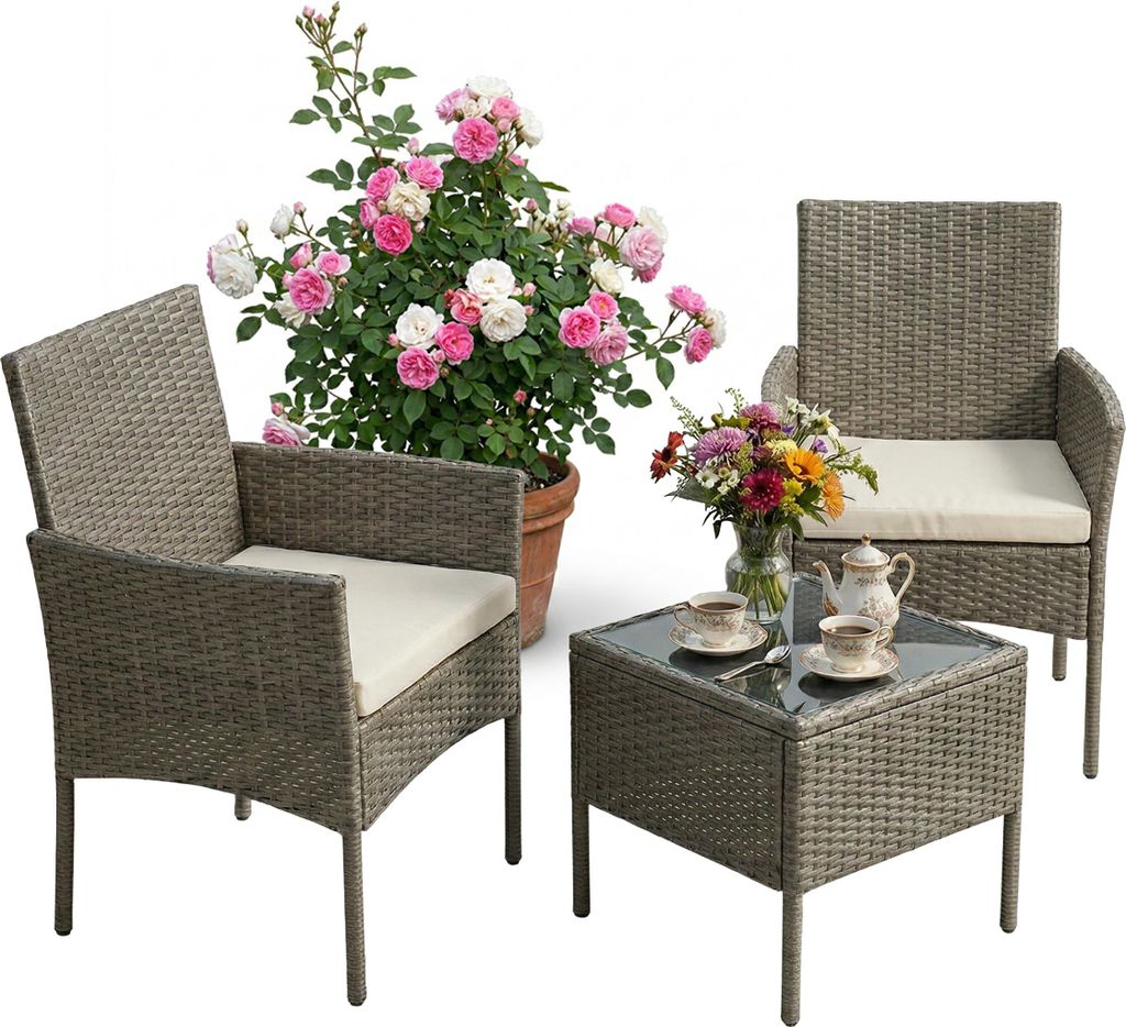 Relaxdays Gartenmöbel Set, 3-tlg. Rattan Sitzgruppe, 2 Personen, 2x Sessel & Glastisch, Loungemöbel, outdoor, grau