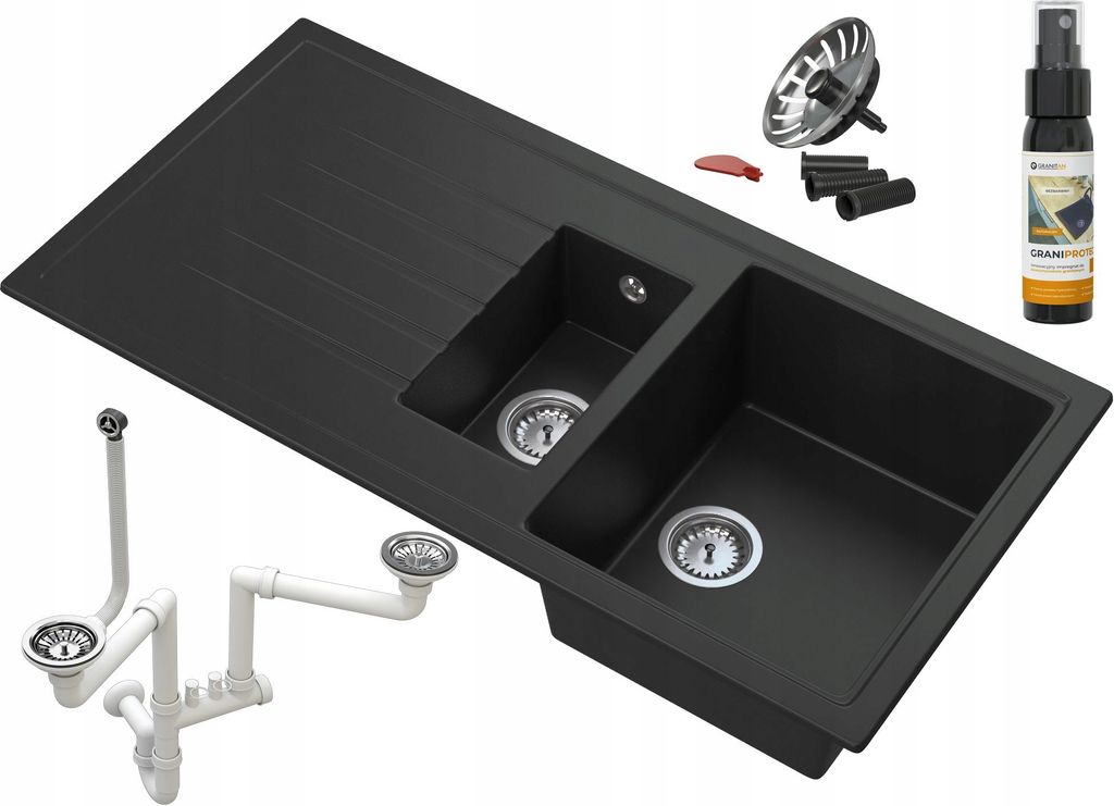 Granitan | Granitspüle Solaria - 995x498 mm - Schwarz - Hochwertige Qualität - mit Klick-Klack-Syphon