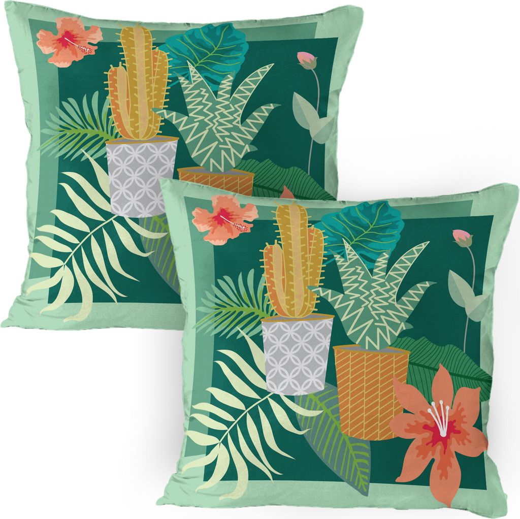ABAKUHAUS Saftig Kissenbezug Packung mit 2, Hibiscus-Blüte in Cacti Töpfe mit Pflanzen Aloe-Blätter Blumen Urban Art Deco, Dekorativer Gedruckte...