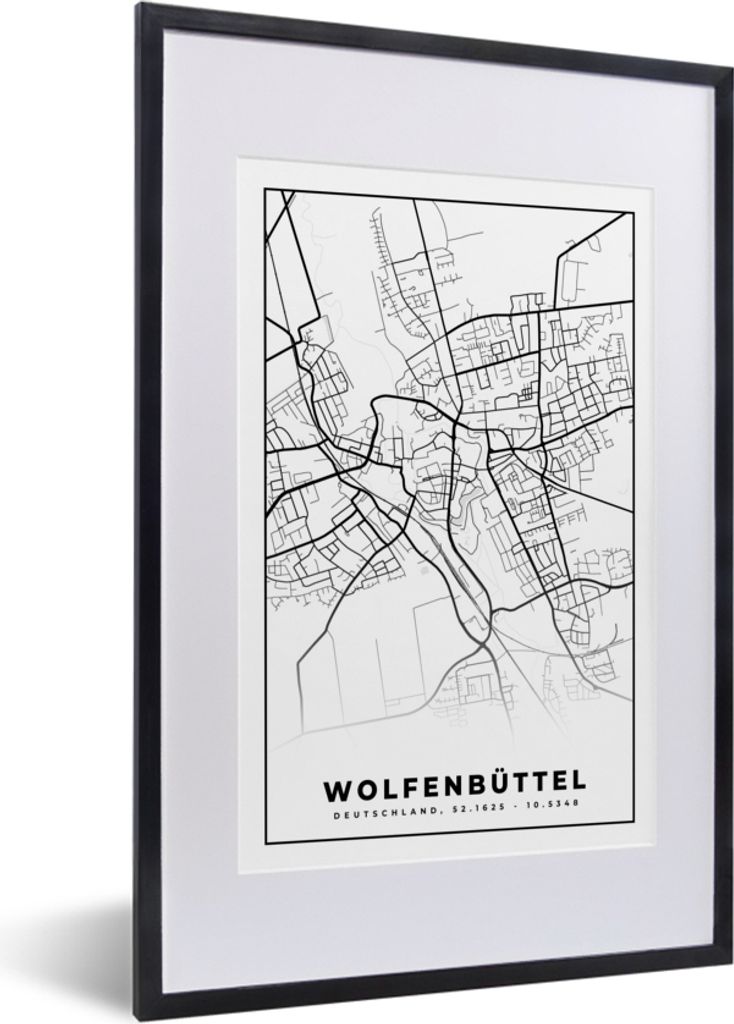MuchoWow Gerahmtes Poster Karte - Stadtplan - Wolfenbüttel 40x60 cm - Poster mit Schwarzem Bilderrahmen Wandposter Rahmen Foto Bilder - Poster i...