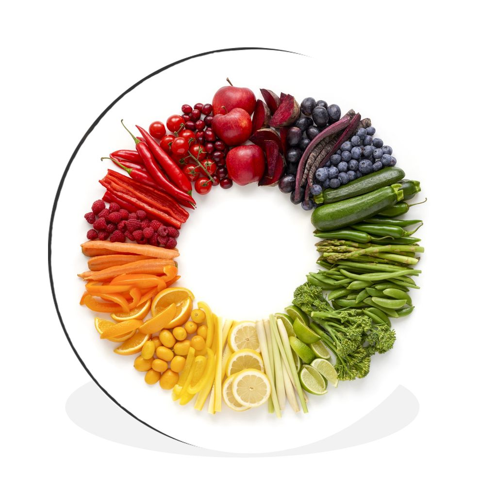 MuchoWow Aluminium Wandkreis Obst - Regenbogen - Kreis - Weiß Ø 60 cm Wanddeko Modern Wohnzimmer - Wand Kreis - Wandbild - Schlafzimmer - Alumi...