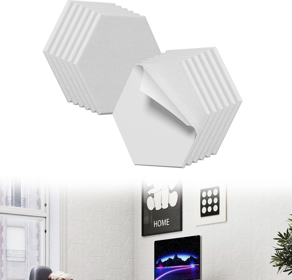 UISEBRT 12x Akustikplatten 30x26cm Hexagon Weiß, Schallschutz Wandpaneele, Hochdichte Schalldämmung, Schallabsorber für Heimkino Studio Büro