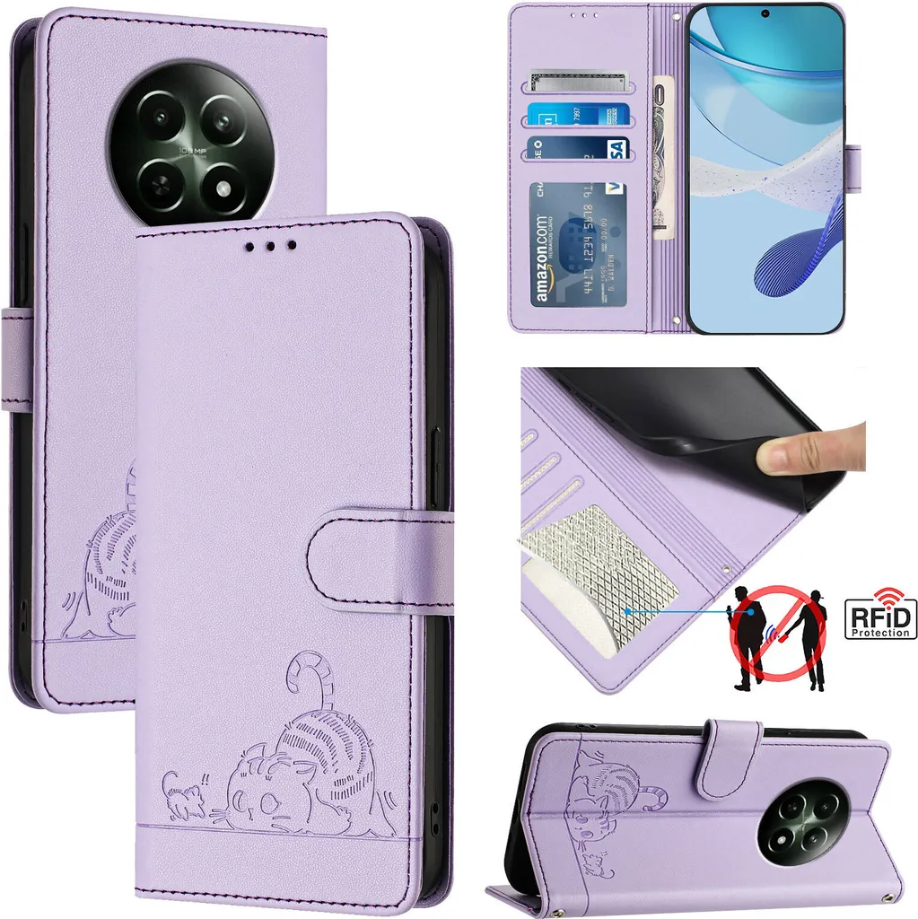 Cover Realme 12 5G per Bambini e Ragazzi - Gatto Viola Portafoglio