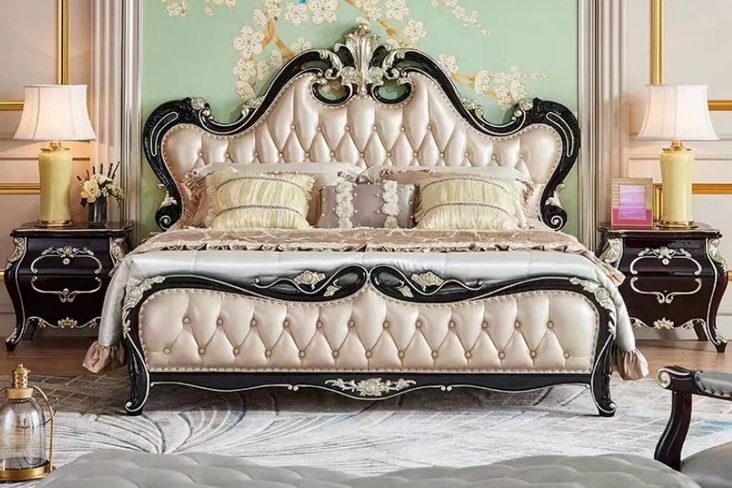 Elegantes Massivholz Doppelbett Kunstleder Klassisch Bett 180x200 cm
