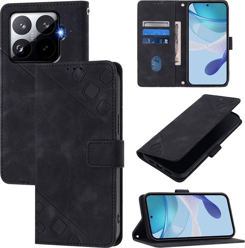 Kunstleder Hülle für Xiaomi 15T Pro Motiv Kartenfächern & Standfunktion Schwarz