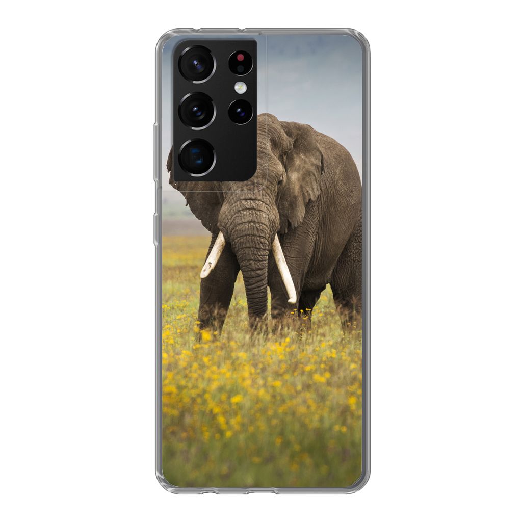 MuchoWow Handyhülle Schutzhülle Hülle für Samsung Galaxy S21 Ultra Elefant - Blumen - Gras - Tiere - Natur Silikon Softcase Handy Hülle - Mo...