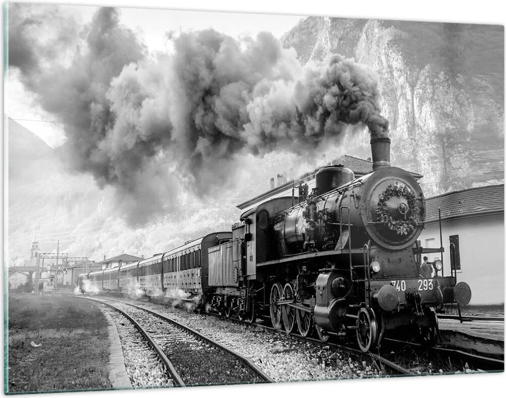 Bilder auf glas - Einteilig - Zug Schwarzweiß Rauch - 120x80cm - Glasbilder - Wandbilder - Bilder - zum Aufhängen bereit - Wanddekoration aus Gla...