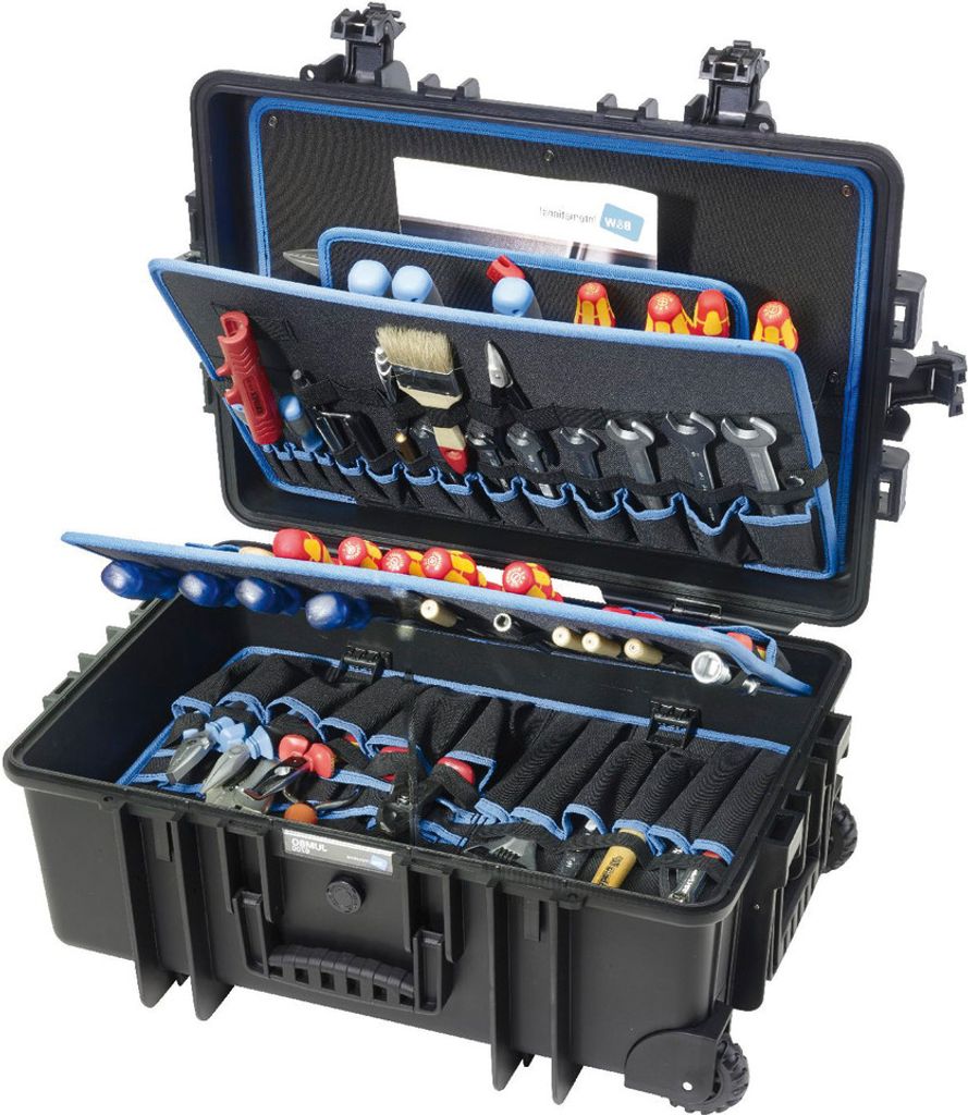 An open black tool case with various tools neatly organized inside, displayed on a white background.