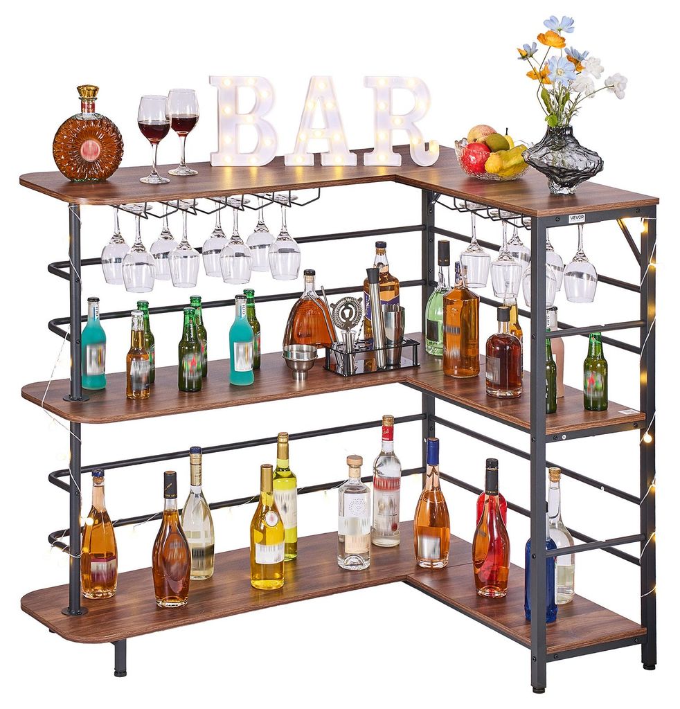 VEVOR L-Förmige Hausbar mit Stauraum, Bartheke mit 3 Ebenen & Weinglashalter, 99,8 kg Belastbar, Eck-Bartresen aus Holzwerkstoff für Zuhause Küc...