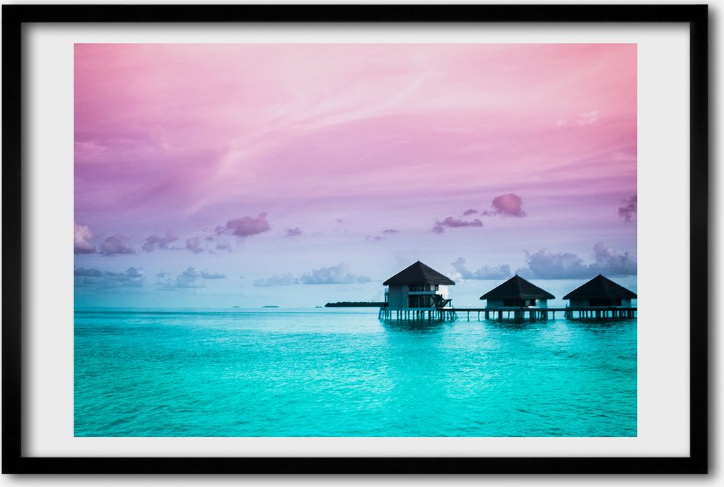 Bild 60x40 MDF-Rahmen, Wandkunst Wasser-Bungalow