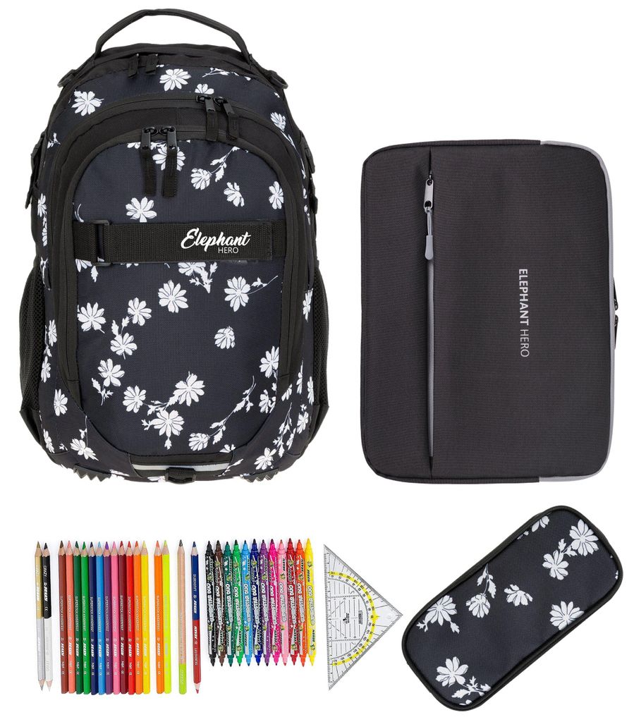 Schulrucksack Elephant Hero Signature 4 Teile Set Mädchen Schultasche + Mäppchen Box + Laptophülle + 31 tlg. Stifteset 12842 Black Flower +rmlv
