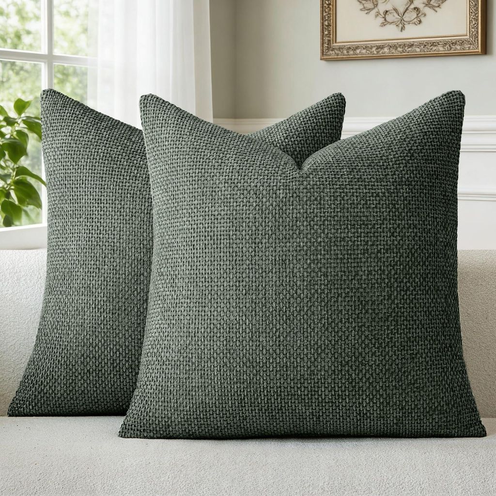 Set mit 2 Kissenbezügen, 40 x 40 cm, dunkelgrüner Chenille, Dekokissen, Zierkissen, Sofakissen, waschbar, flauschig