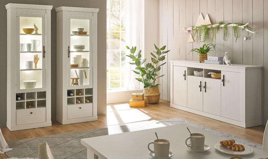 Wohn- und Esszimmer Set 3-teilig "Fiastra" in weiß Pinie Landhaus, Soft-Close und LED