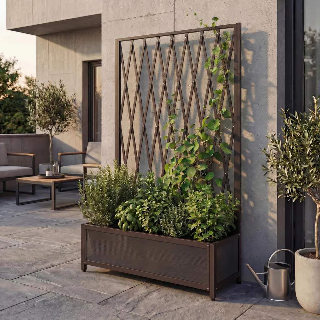 Treillis en aluminium HWC-G21 avec support jardinières 152x90cm marron