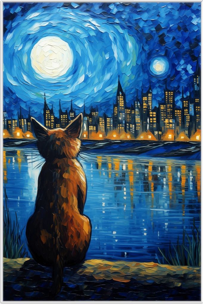 Wallario Wandbild Katze im Mondschein, Größe: 61 x 91,50 cm, Poster mit weißem Aluminiumrahmen