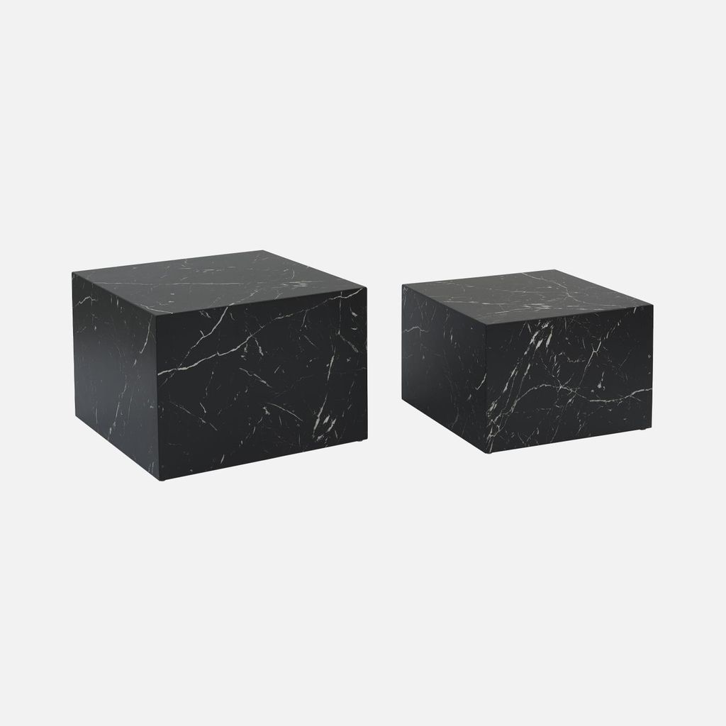 Two square coffee tables with a black marble look.