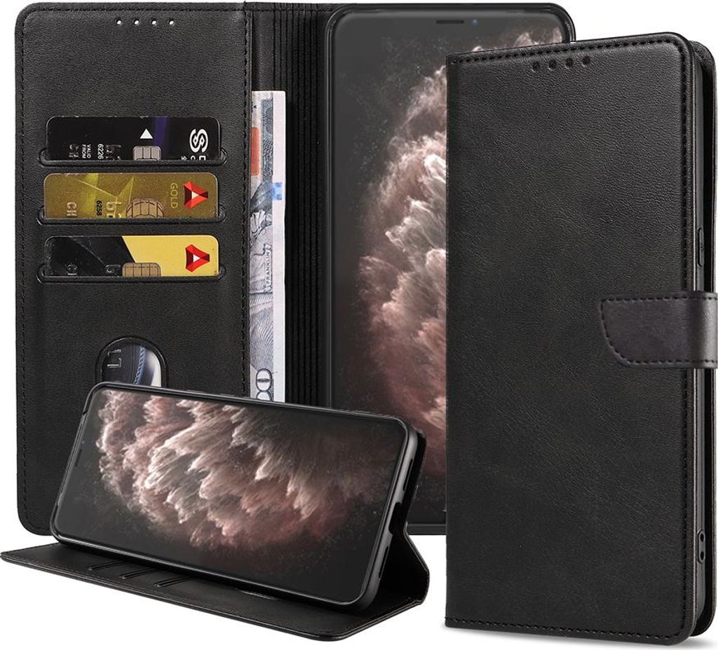 Fit für iPhone 11 Pro Max Handytasche Kunstleder mit magnetischer Lippe und Kartenhalter Buchhülle mit Klappe - Schwarz - Smartphonics