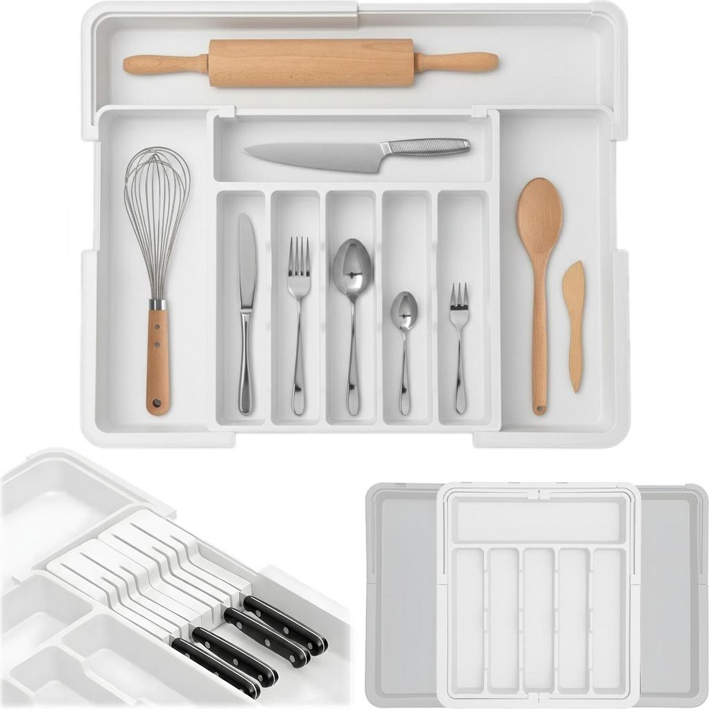 WELLHAUS – Ausziehbare, verstellbare Besteck- und Küchenschubladen-Organizer – flexibles Raumwunder für Ihre Küche ( Weiß, 33 x 37 cm -...