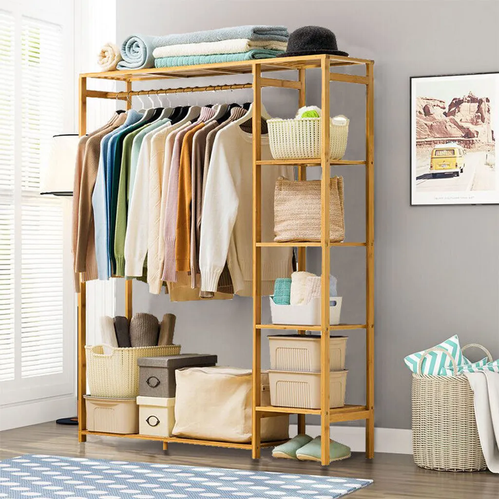 Porte-manteau or en bambou véritable avec triple espace de rangement - 2