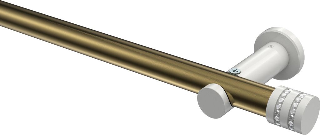 Interdeco Gardinenstange / Vorhangstange Messing Antik / Weiß, Typ Platon Estana (Glitzerkappe) ohne Ringe, 20 mm Ø 1-läufig, 160 cm