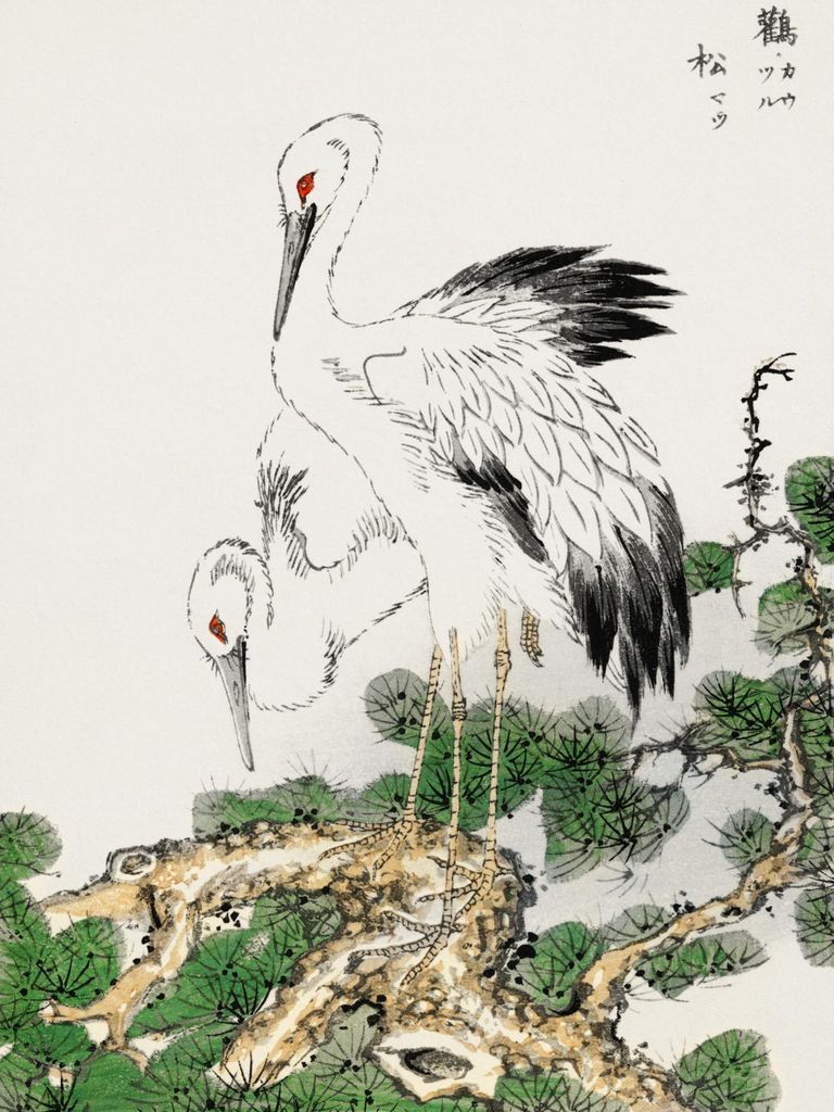 Plakat 30x40cm Storch und Kiefer, Japanischer Vintage Kashu für das Wohnzimmer
