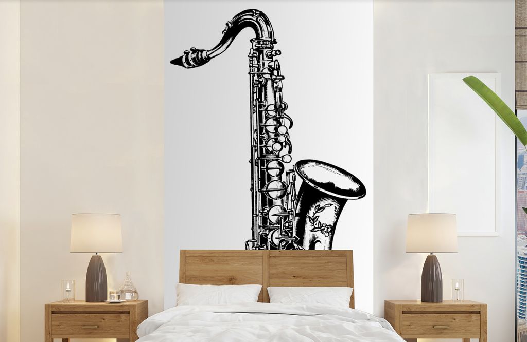 MuchoWow Fototapete für Wohnzimmer oder Schlafzimmer Wandtapete Vinyl Motivtapete Detaillierte Illustration eines Saxophons in schwarz-weiß - 1...