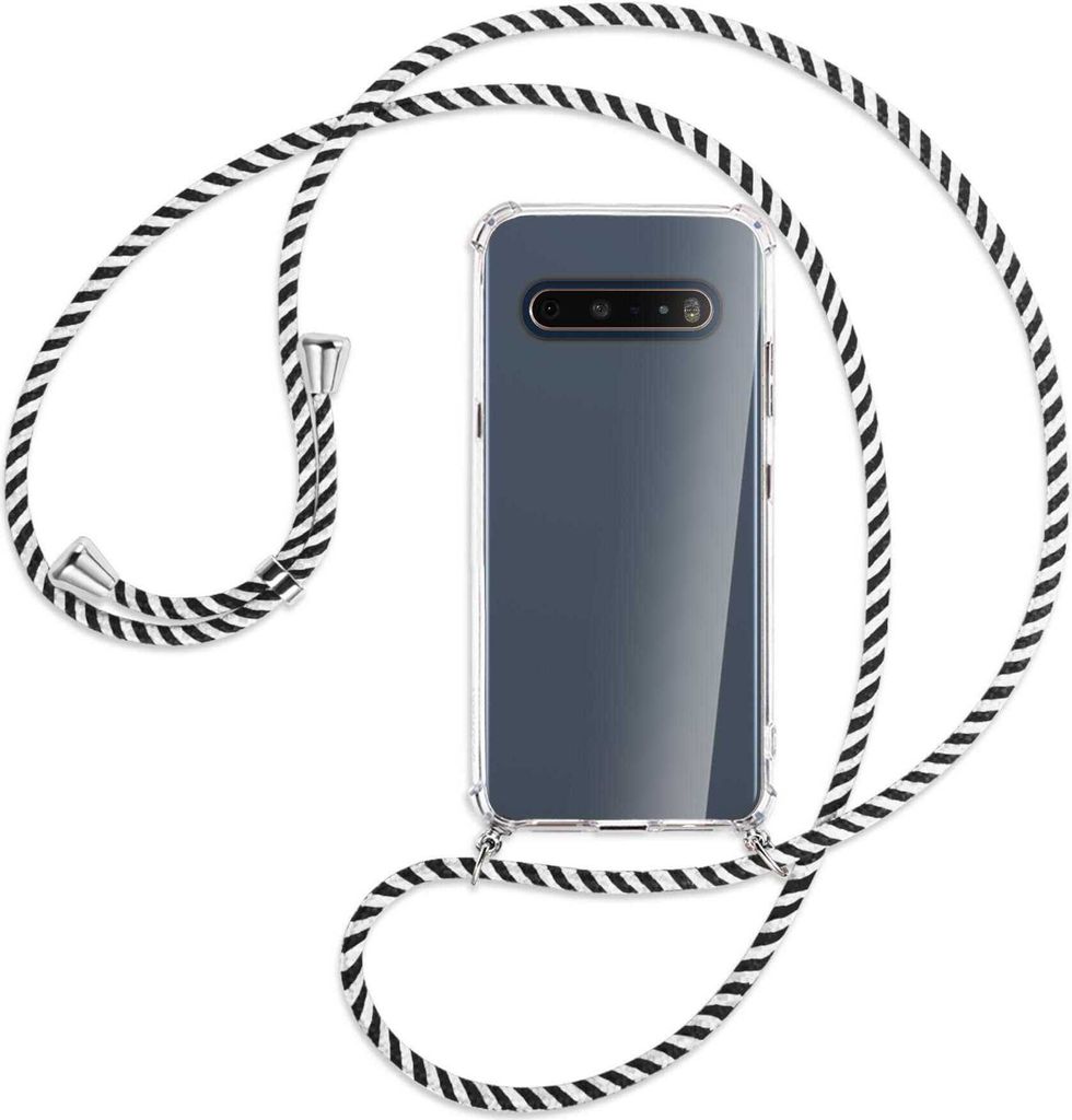 Handykette Backcover-Schutzhülle mit Band (Metall silberfarben) für LG V60 ThinQ - schwarz/weiß gestreift