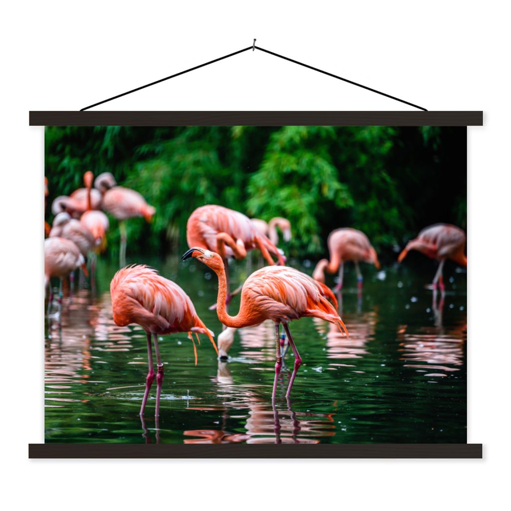 MuchoWow Textilposter Flamingo - Tropisch - Vogel - Wasser - Rosa 60x45 cm mit schwarzem Rahmen - Poster Schlafzimmer