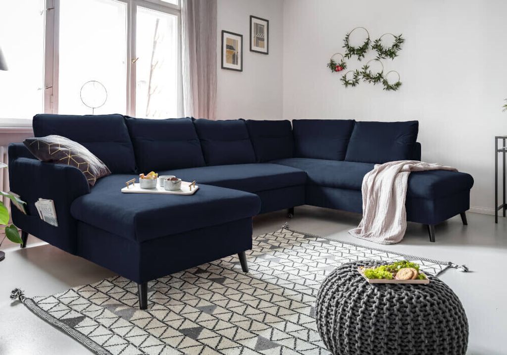 MIUFORM Stylish Stan - Ecksofa mit Bettfunktion und Bettkasten U-FORM RECHTS - 300x198cm - Velours Marineblau - Sofa Schlafsofa Couch