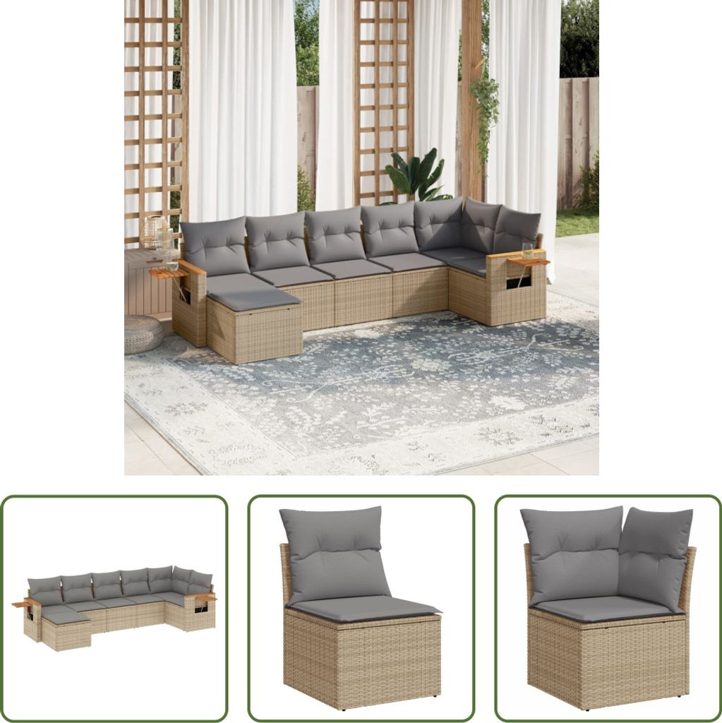 The Living Store 7-tlg. Garten-Sofagarnitur mit Kissen Beige Poly Rattan
