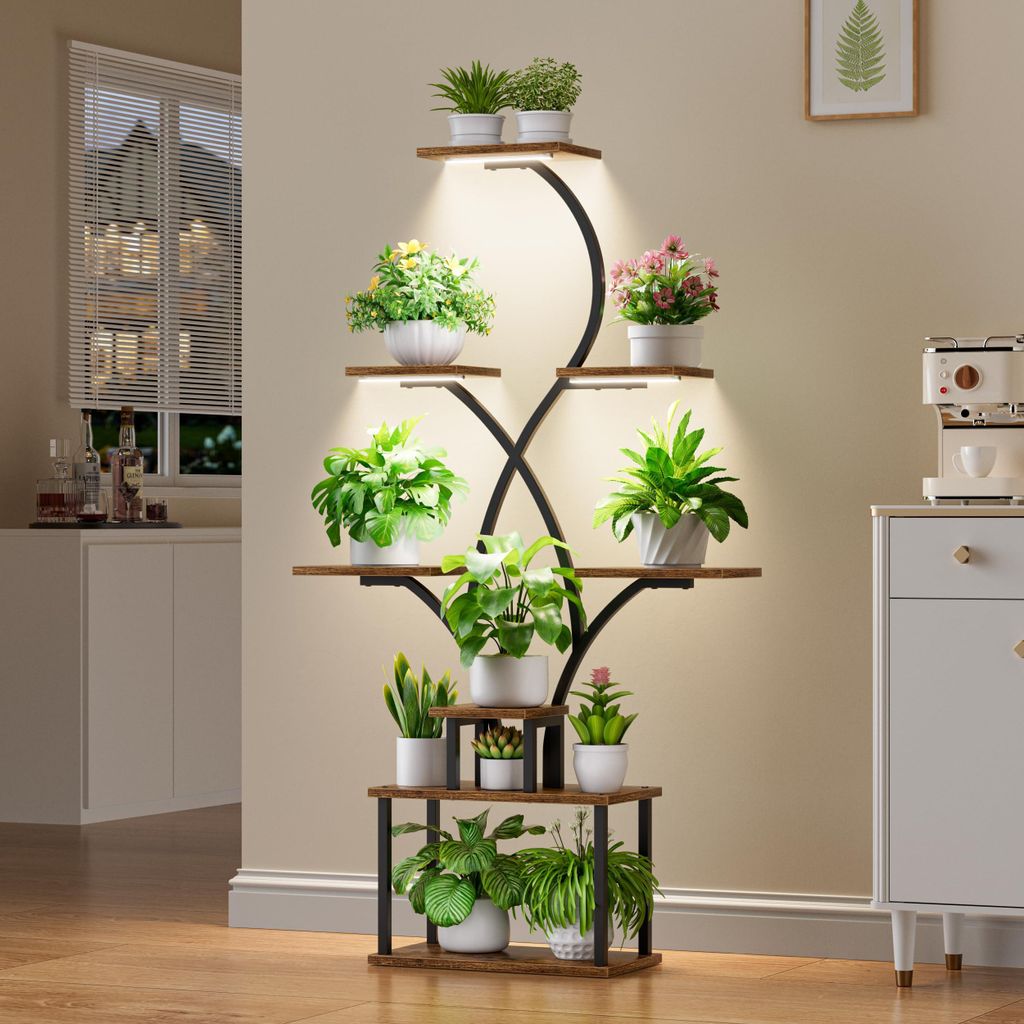 Pflanzenständer mit Pflanzenlampe – 8-stufiges Blumenregal, 158 cm, aus Metall und Holz – Blumenleiter für drinnen und draußen – Dekorativ...