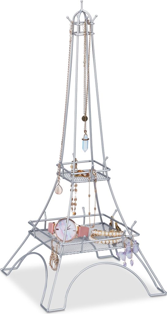 Relaxdays Schmuckständer Eiffelturm, für Ketten, Ringe & Armbänder, Schmuckaufbewahrung Metall, HBT: 47x21x21 cm, silber