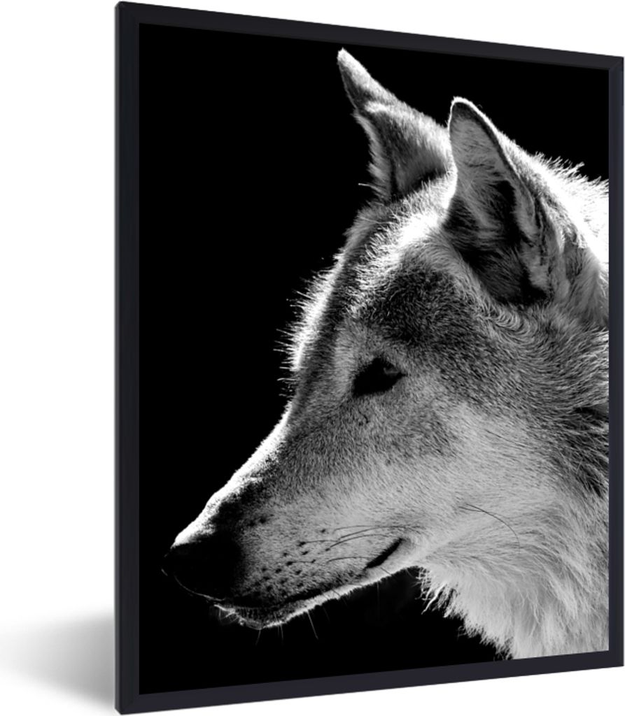 MuchoWow Gerahmtes Poster Wildlife - Wolf - Schwarz - Weiß 30x40 cm - Poster mit Schwarzem Bilderrahmen Wandposter Rahmen Foto Bilder - Wanddeko...