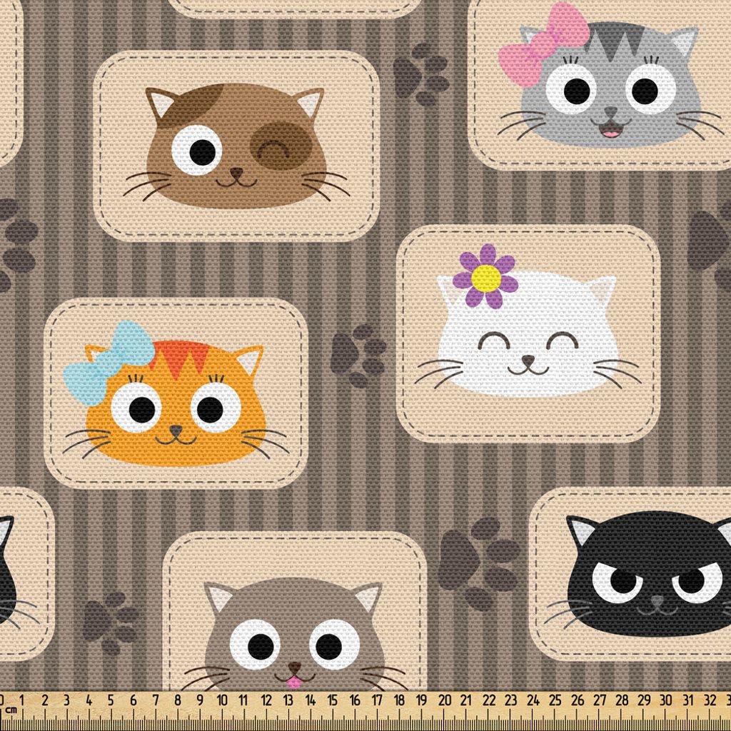 ABAKUHAUS Katze Gewebe als Meterware, Patchwork inspirierte Muster Adorable Kitty Gesichter Silly Expressions Footprints Stripes, 10 M (148 x 1000 ...