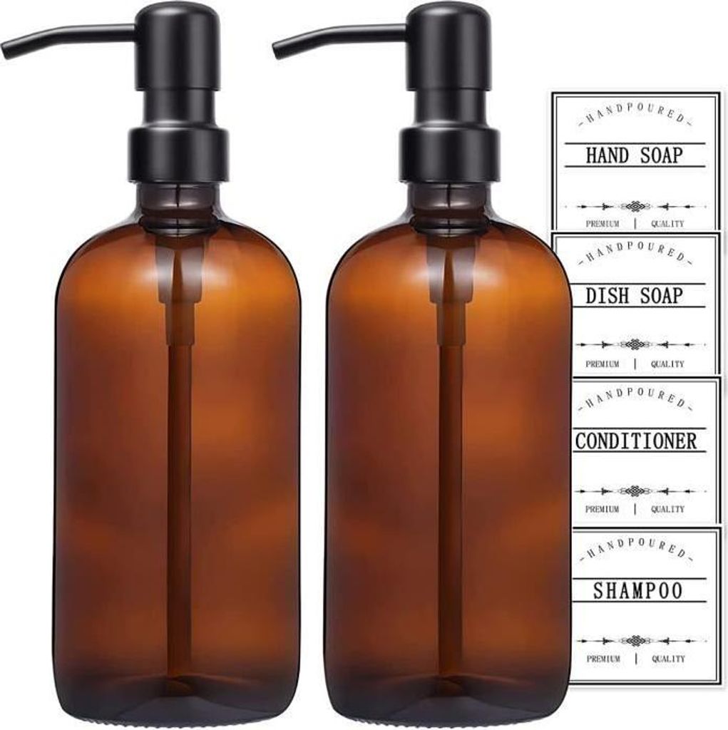 Stück Seifenspender aus bernsteinfarbenem Glas mit leichtgängiger Edelstahlpumpe und Etiketten, 500 ml