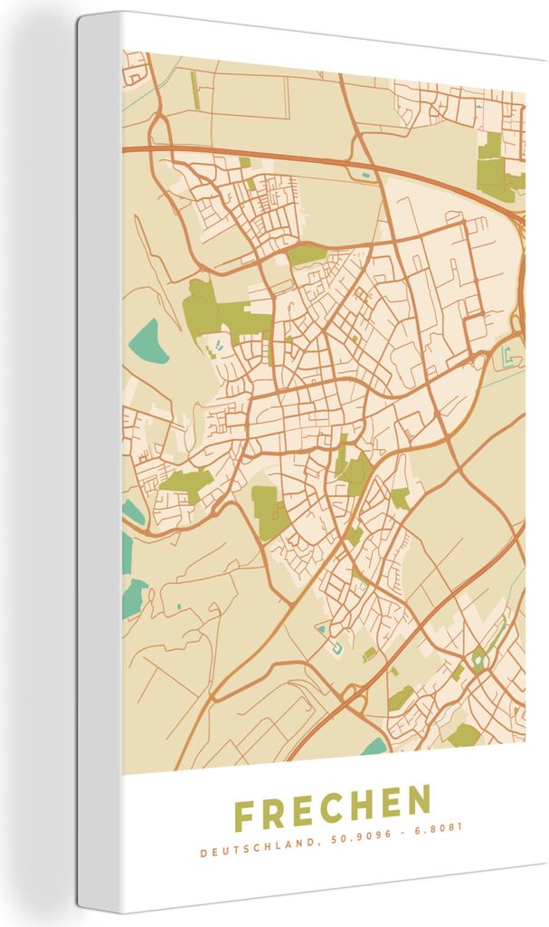 OneMillionCanvasses - Leinwandbilder - 90x140 cm, Frechen - Karte - Jahrgang - Stadtplan - Wegbeschreibung, Wandbilder Kunstdruck Wanddekoration ...