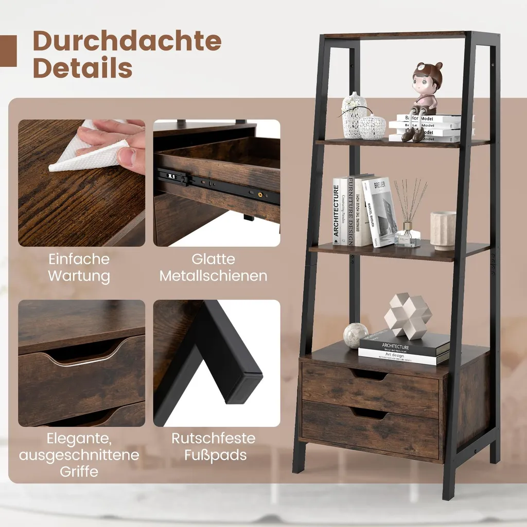 Bibliothèque avec 4 niveaux et 2 tiroirs de rangement - Structure Stable